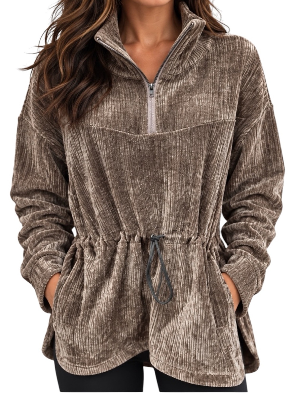 White Birch Black Label Plush Ribbed Half-Zip Oversized Drawstring Tunic -Brown